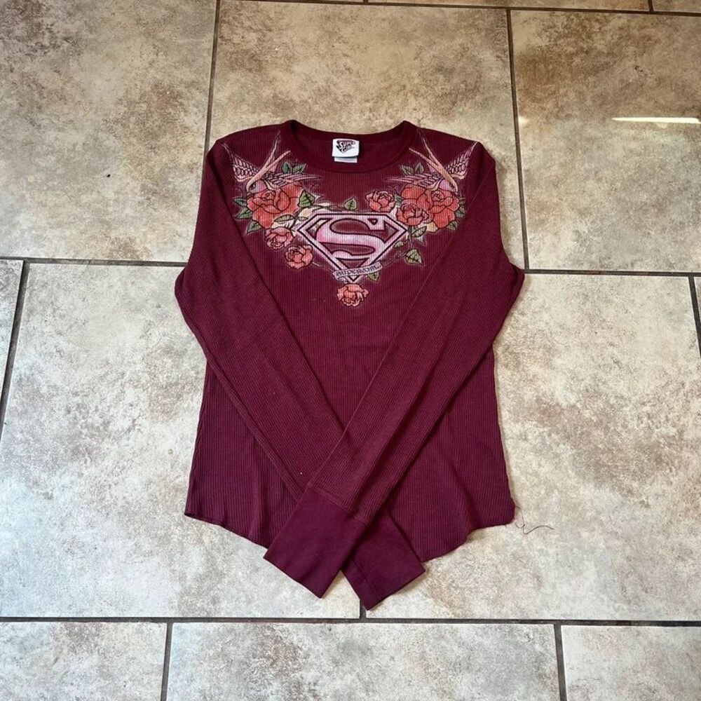 Vintage Y2K DC Comics Supergirl Waffle Knit Thermal Rose Top size Juniors XL